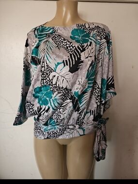 Women’s Teal Floral Side-Tie Blouse